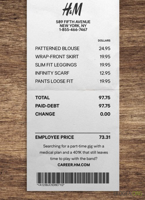 Chèque de paiement du magasin H&M